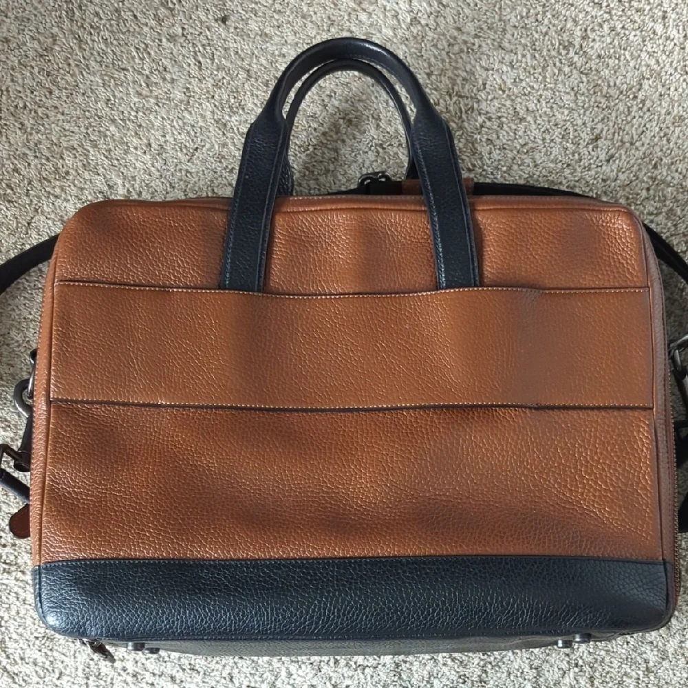 Brown and Black Leather Briefcase with Adjustable Strap